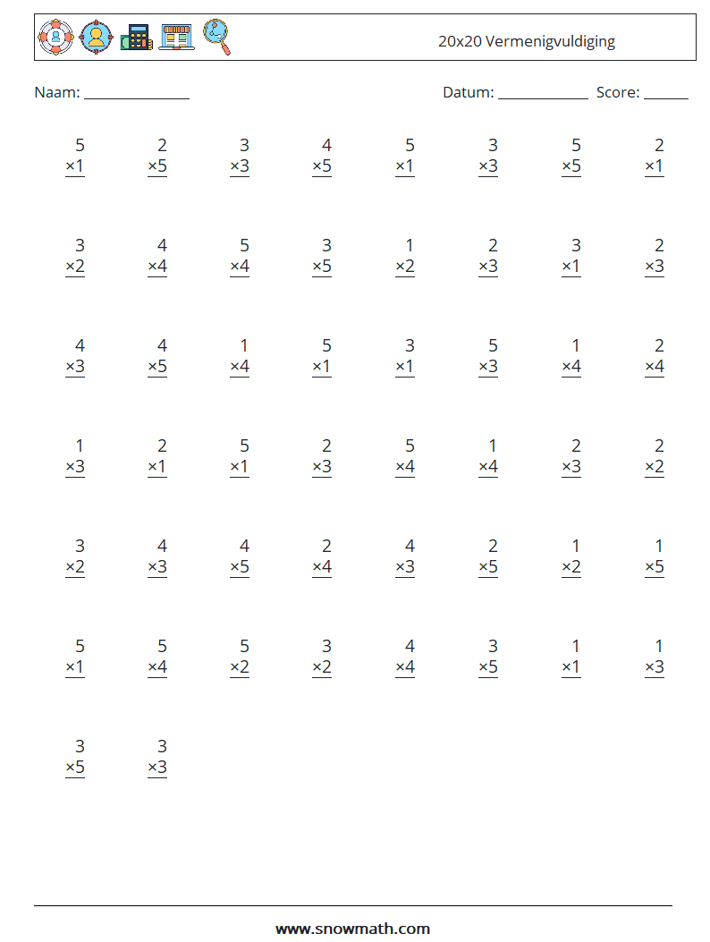 (50) 20x20 Vermenigvuldiging Wiskundige werkbladen 7