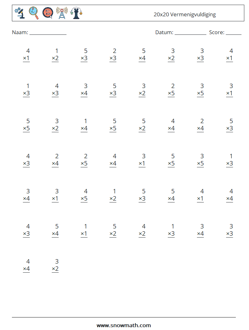 (50) 20x20 Vermenigvuldiging Wiskundige werkbladen 8