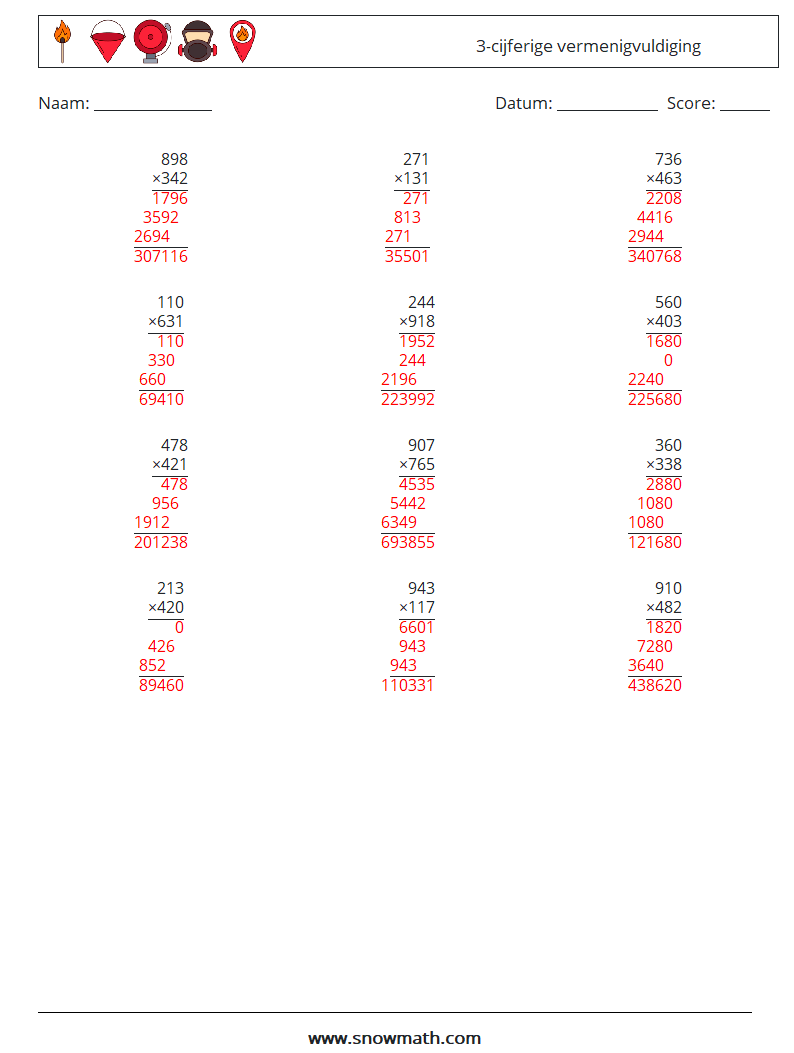 (12) 3-cijferige vermenigvuldiging Wiskundige werkbladen 10 Vraag, Antwoord