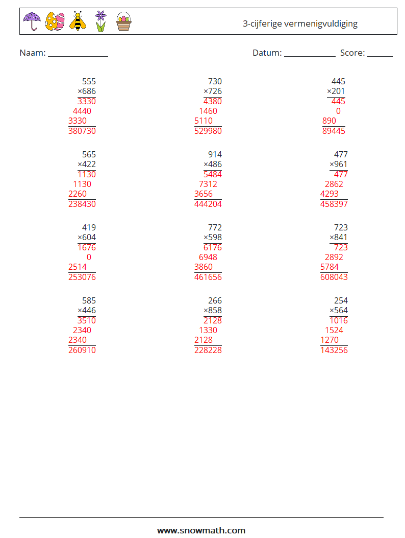 (12) 3-cijferige vermenigvuldiging Wiskundige werkbladen 17 Vraag, Antwoord