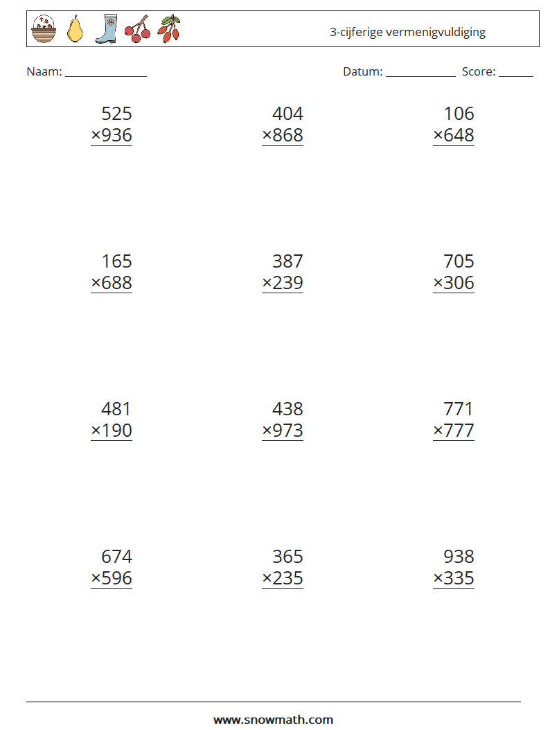 (12) 3-cijferige vermenigvuldiging Wiskundige werkbladen 4