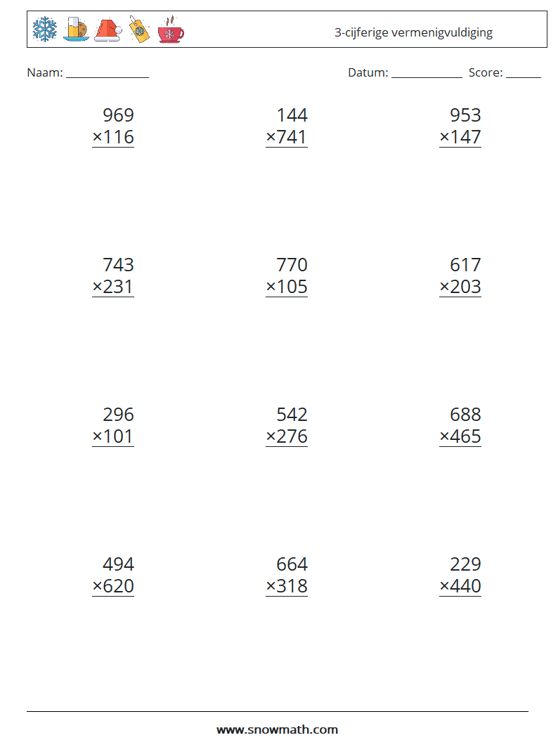 (12) 3-cijferige vermenigvuldiging Wiskundige werkbladen 9
