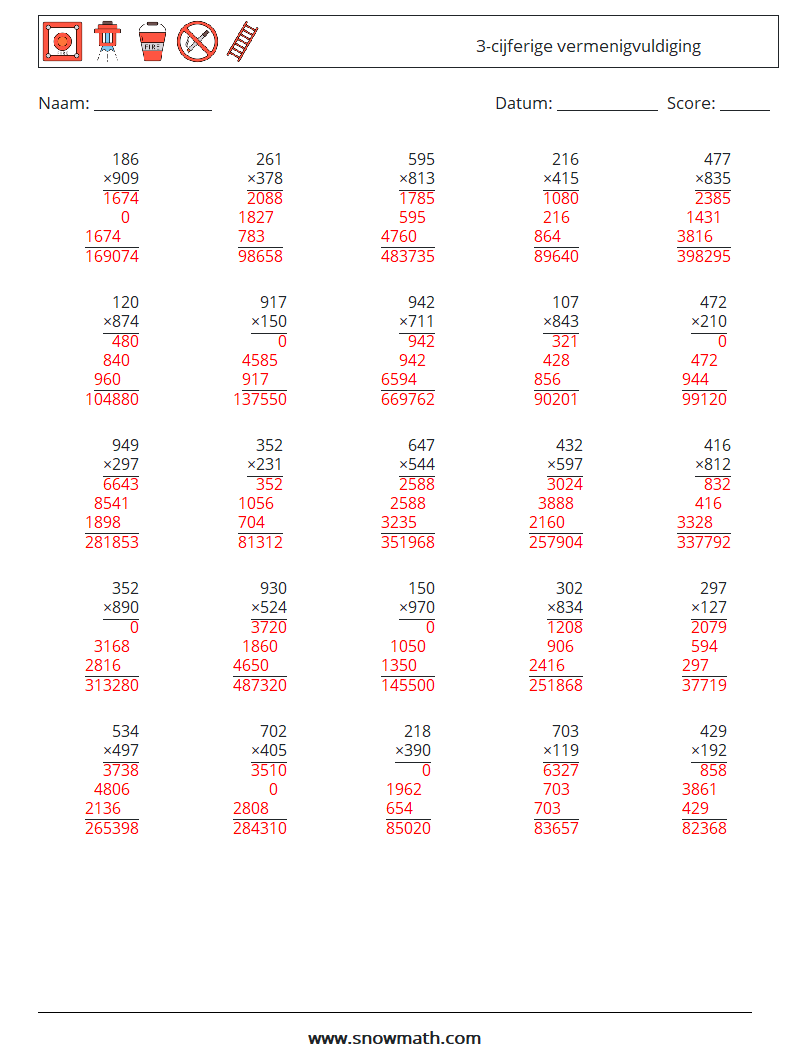 (25) 3-cijferige vermenigvuldiging Wiskundige werkbladen 10 Vraag, Antwoord