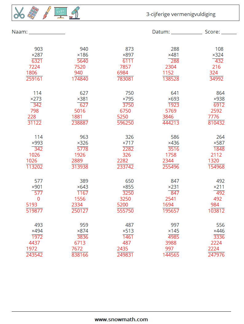 (25) 3-cijferige vermenigvuldiging Wiskundige werkbladen 12 Vraag, Antwoord