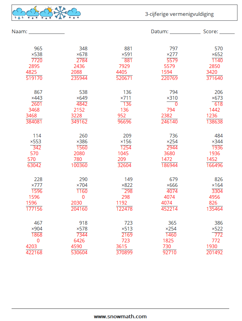 (25) 3-cijferige vermenigvuldiging Wiskundige werkbladen 16 Vraag, Antwoord