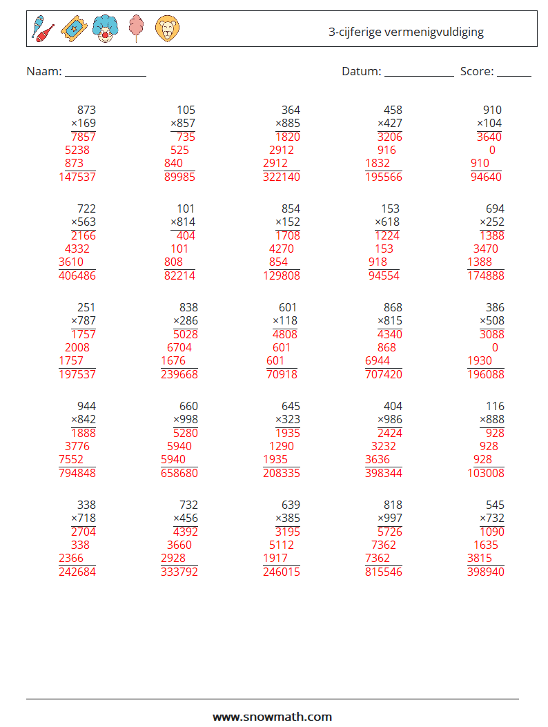 (25) 3-cijferige vermenigvuldiging Wiskundige werkbladen 17 Vraag, Antwoord