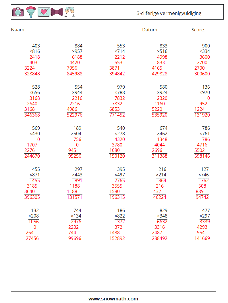 (25) 3-cijferige vermenigvuldiging Wiskundige werkbladen 18 Vraag, Antwoord