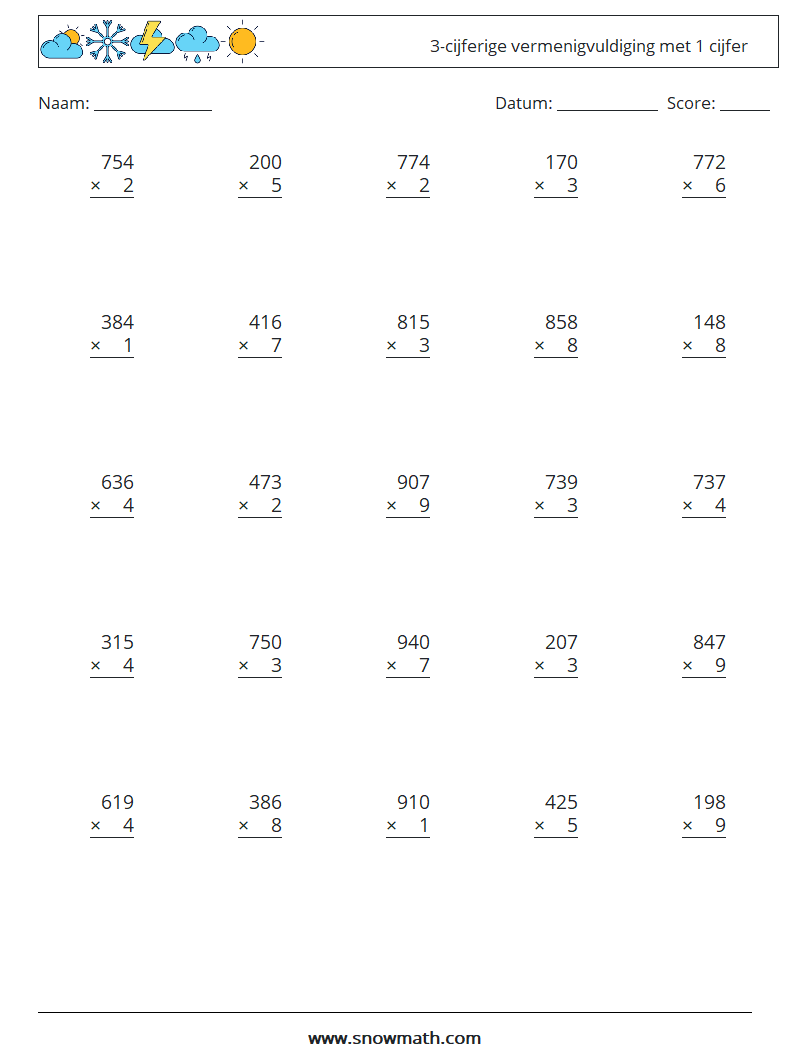 (25) 3-cijferige vermenigvuldiging met 1 cijfer Wiskundige werkbladen 10