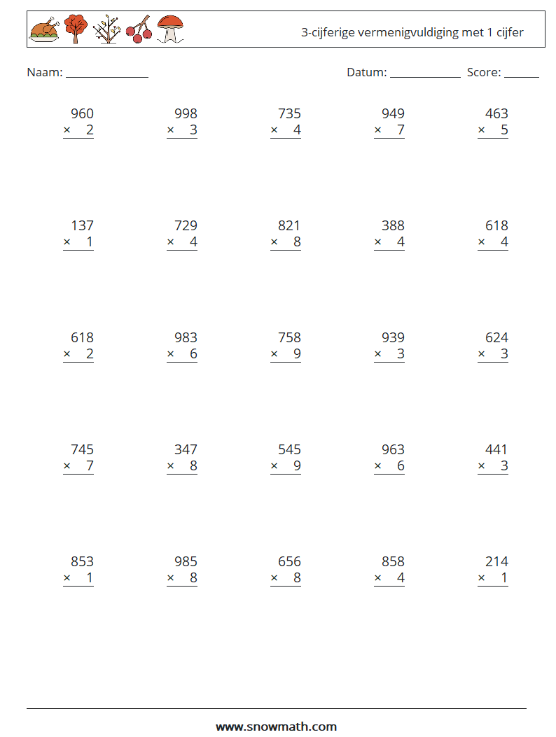 (25) 3-cijferige vermenigvuldiging met 1 cijfer Wiskundige werkbladen 11