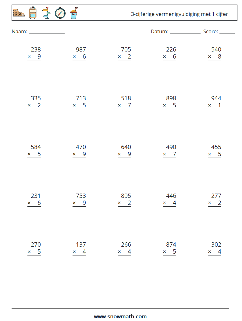 (25) 3-cijferige vermenigvuldiging met 1 cijfer Wiskundige werkbladen 12