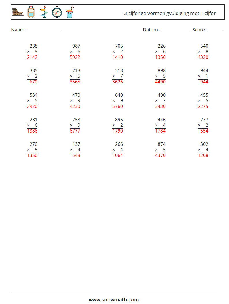 (25) 3-cijferige vermenigvuldiging met 1 cijfer Wiskundige werkbladen 12 Vraag, Antwoord