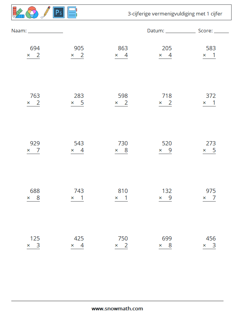 (25) 3-cijferige vermenigvuldiging met 1 cijfer Wiskundige werkbladen 13