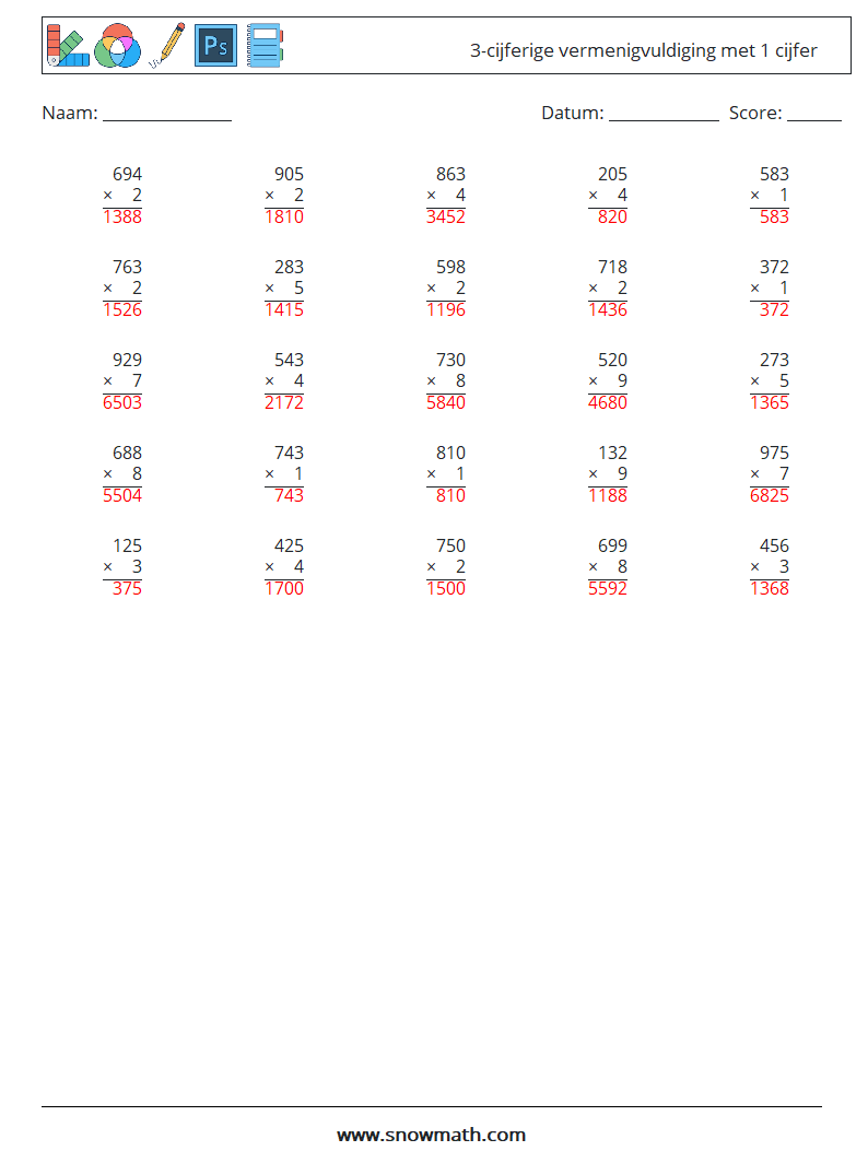 (25) 3-cijferige vermenigvuldiging met 1 cijfer Wiskundige werkbladen 13 Vraag, Antwoord