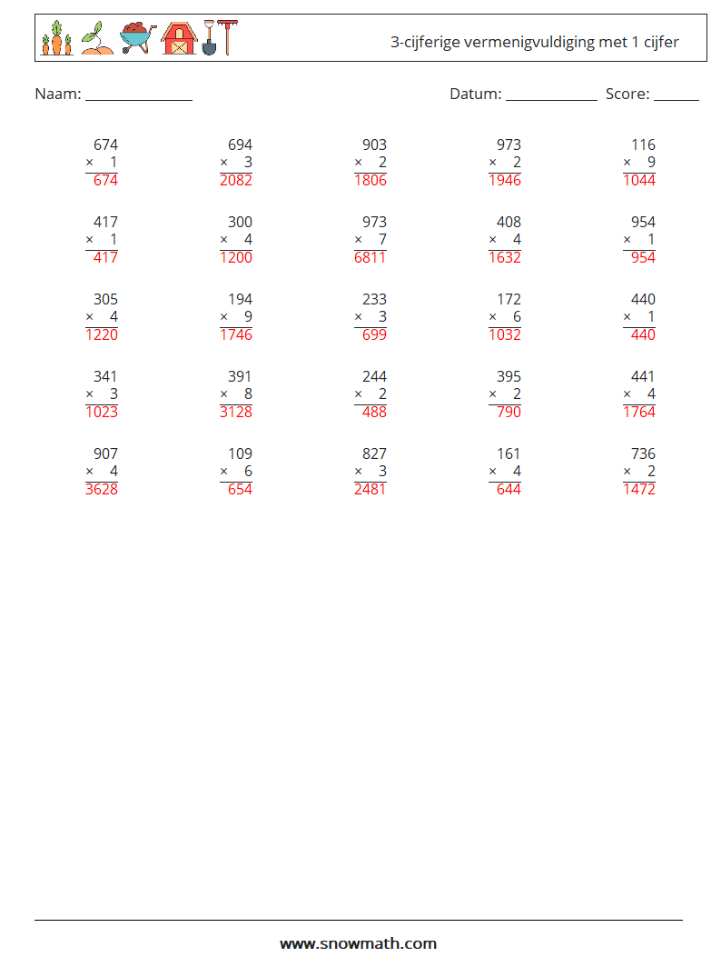 (25) 3-cijferige vermenigvuldiging met 1 cijfer Wiskundige werkbladen 14 Vraag, Antwoord