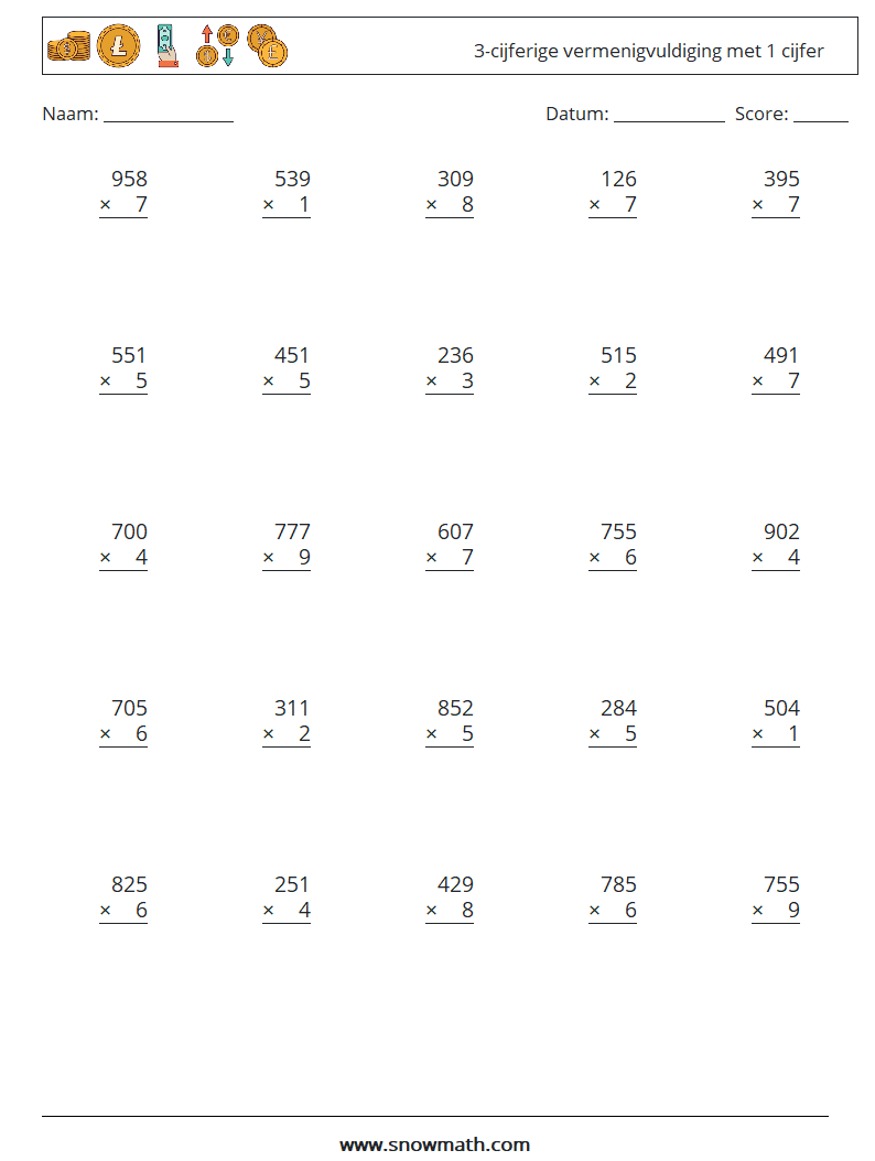 (25) 3-cijferige vermenigvuldiging met 1 cijfer Wiskundige werkbladen 15