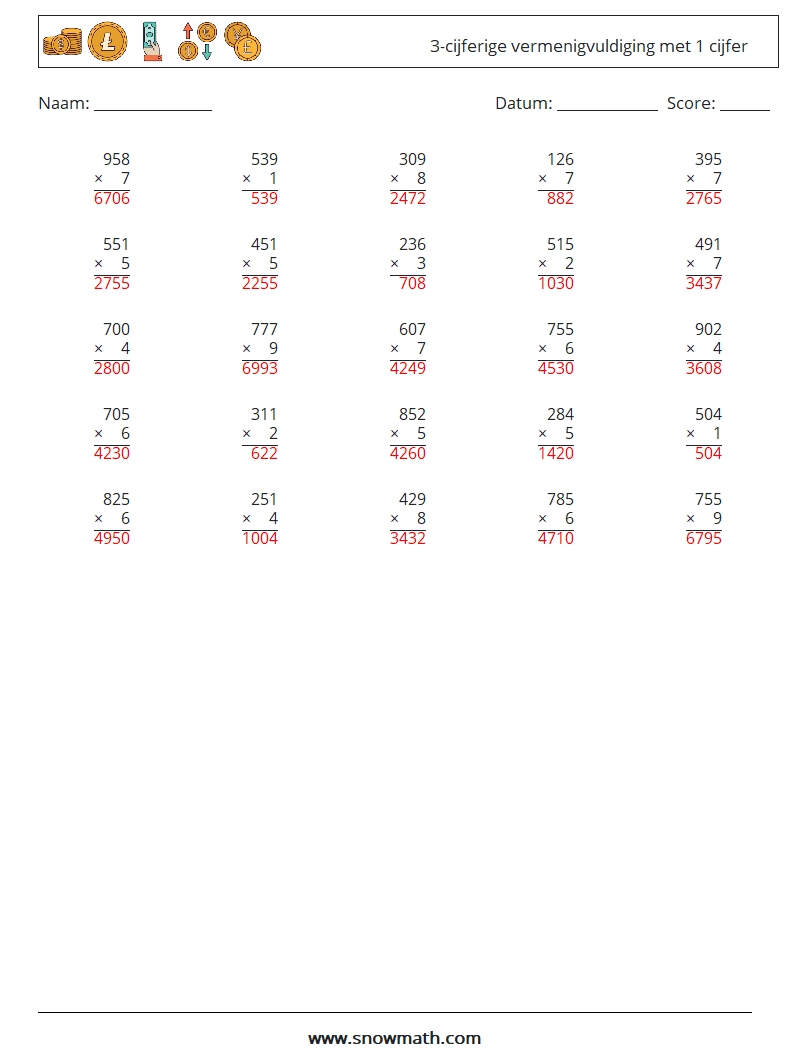 (25) 3-cijferige vermenigvuldiging met 1 cijfer Wiskundige werkbladen 15 Vraag, Antwoord