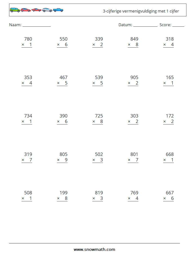 (25) 3-cijferige vermenigvuldiging met 1 cijfer Wiskundige werkbladen 16