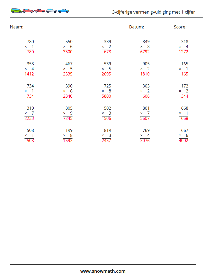 (25) 3-cijferige vermenigvuldiging met 1 cijfer Wiskundige werkbladen 16 Vraag, Antwoord