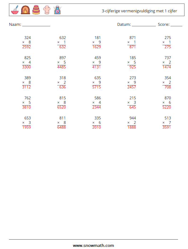 (25) 3-cijferige vermenigvuldiging met 1 cijfer Wiskundige werkbladen 17 Vraag, Antwoord