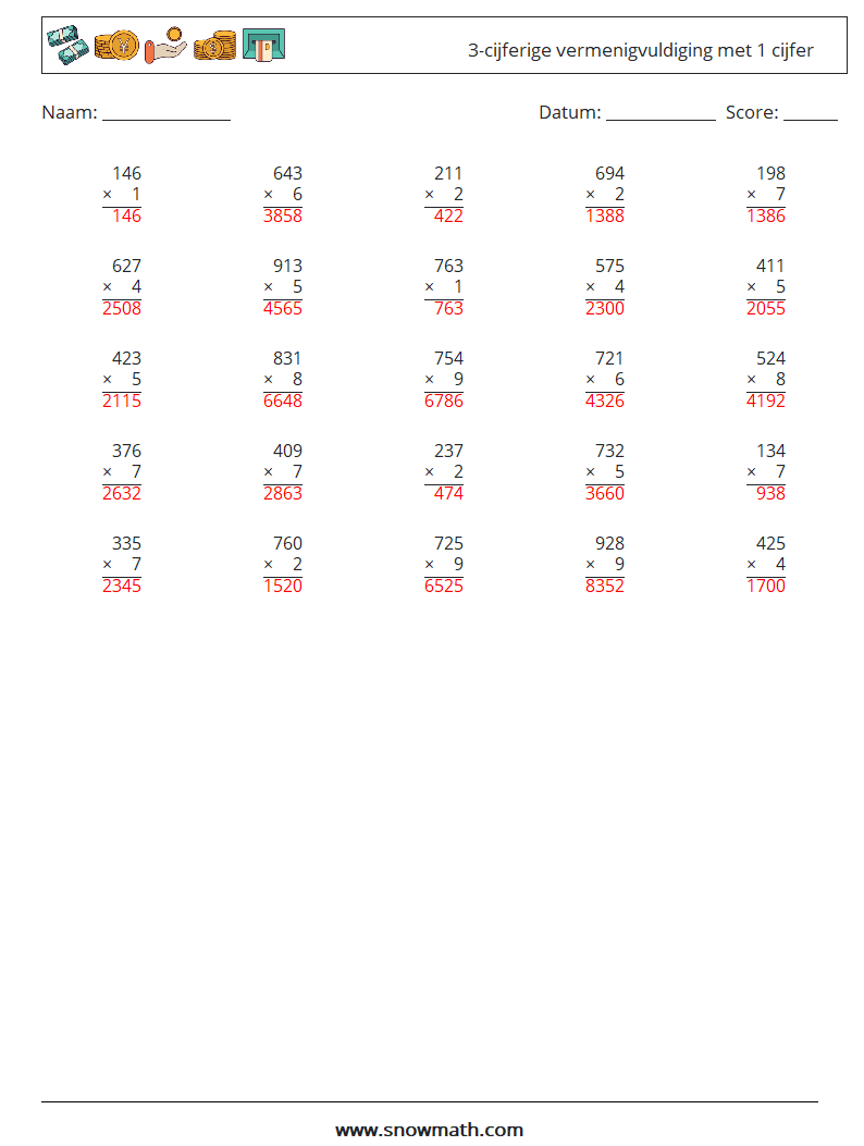 (25) 3-cijferige vermenigvuldiging met 1 cijfer Wiskundige werkbladen 18 Vraag, Antwoord