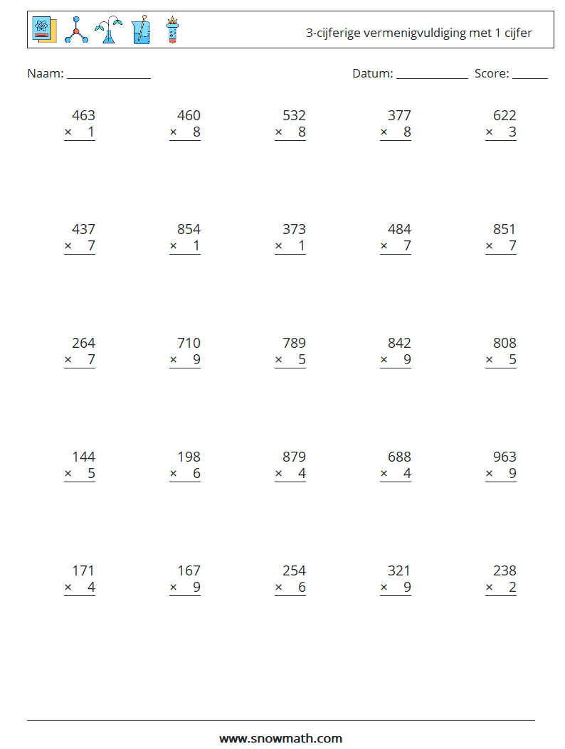 (25) 3-cijferige vermenigvuldiging met 1 cijfer Wiskundige werkbladen 2