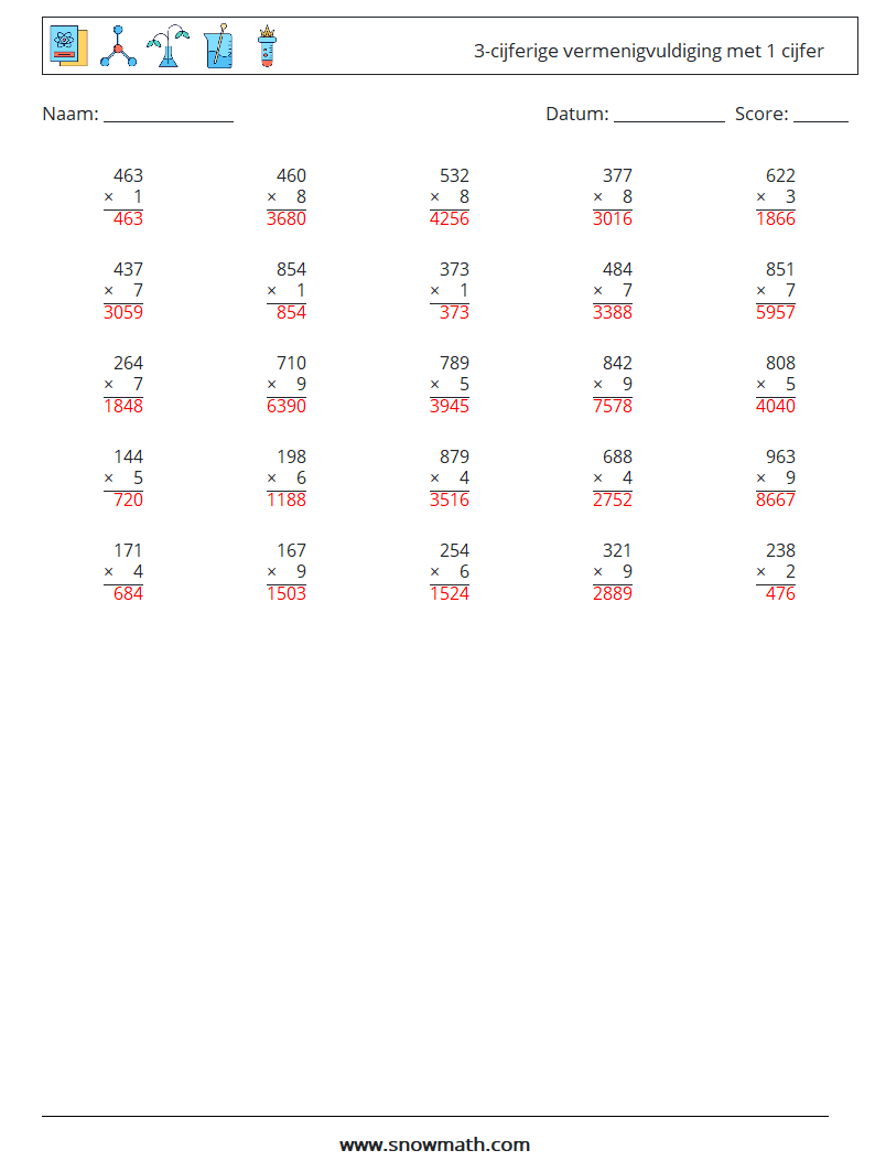 (25) 3-cijferige vermenigvuldiging met 1 cijfer Wiskundige werkbladen 2 Vraag, Antwoord