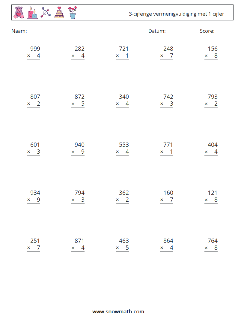 (25) 3-cijferige vermenigvuldiging met 1 cijfer Wiskundige werkbladen 3