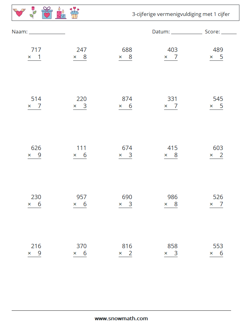 (25) 3-cijferige vermenigvuldiging met 1 cijfer Wiskundige werkbladen 4