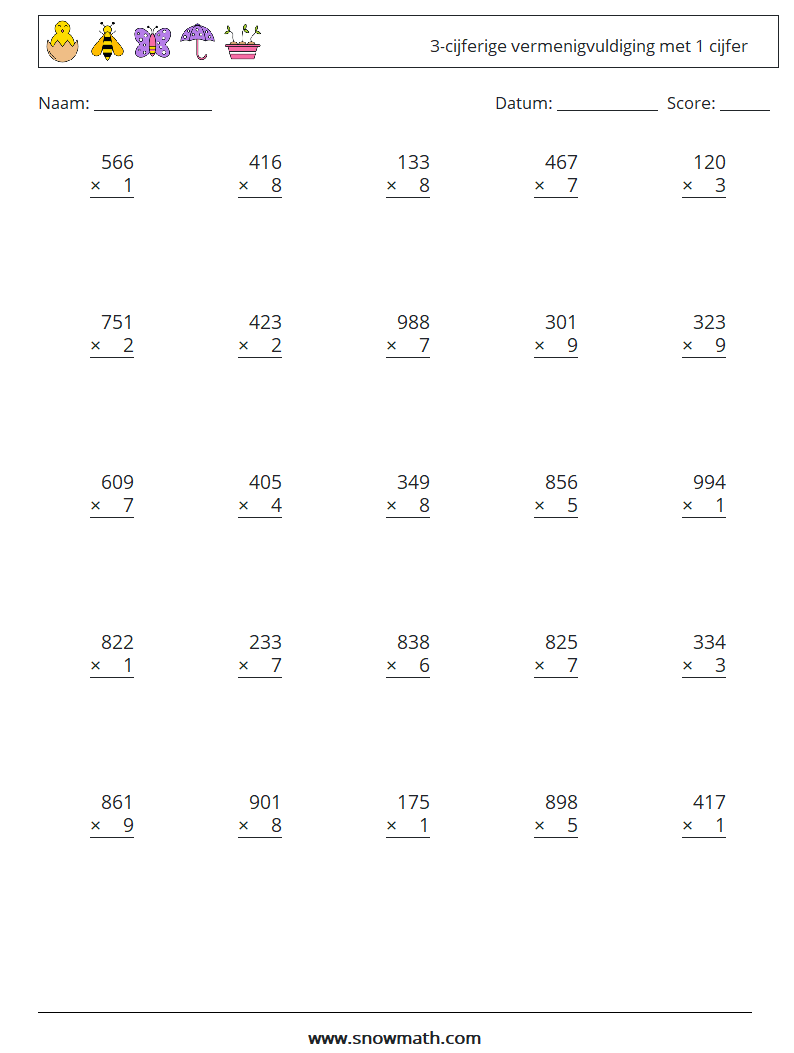 (25) 3-cijferige vermenigvuldiging met 1 cijfer Wiskundige werkbladen 5