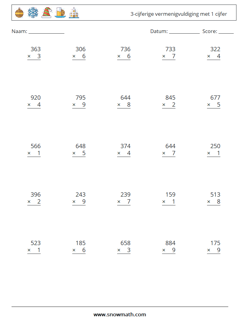 (25) 3-cijferige vermenigvuldiging met 1 cijfer Wiskundige werkbladen 6