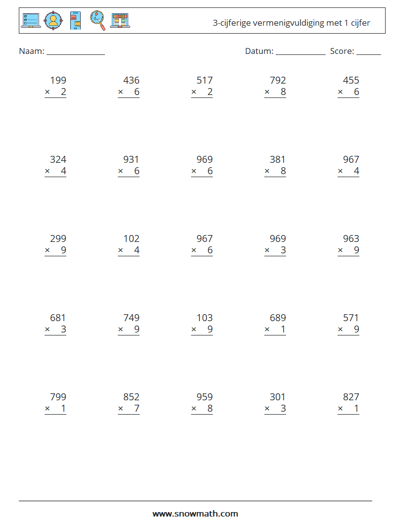 (25) 3-cijferige vermenigvuldiging met 1 cijfer Wiskundige werkbladen 7