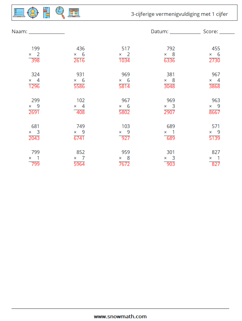 (25) 3-cijferige vermenigvuldiging met 1 cijfer Wiskundige werkbladen 7 Vraag, Antwoord