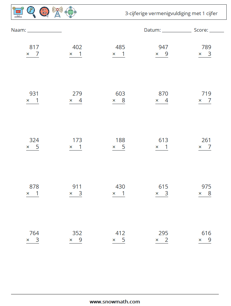 (25) 3-cijferige vermenigvuldiging met 1 cijfer Wiskundige werkbladen 8