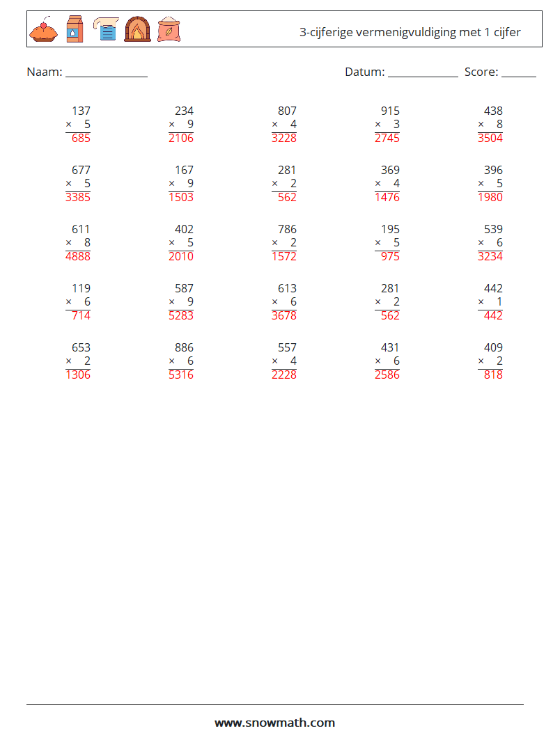 (25) 3-cijferige vermenigvuldiging met 1 cijfer Wiskundige werkbladen 9 Vraag, Antwoord