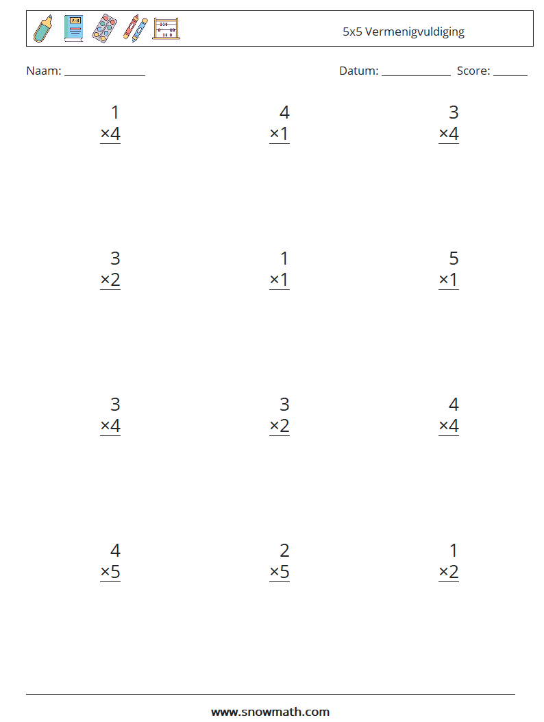 (12) 5x5 Vermenigvuldiging Wiskundige werkbladen 3