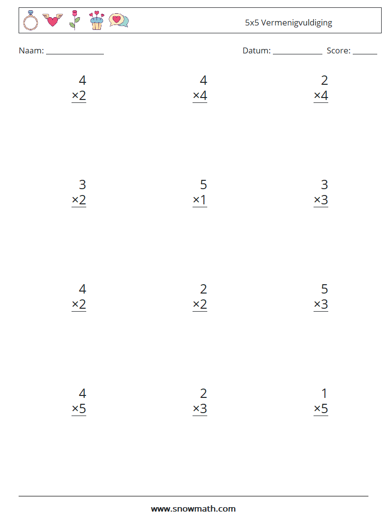 (12) 5x5 Vermenigvuldiging Wiskundige werkbladen 4