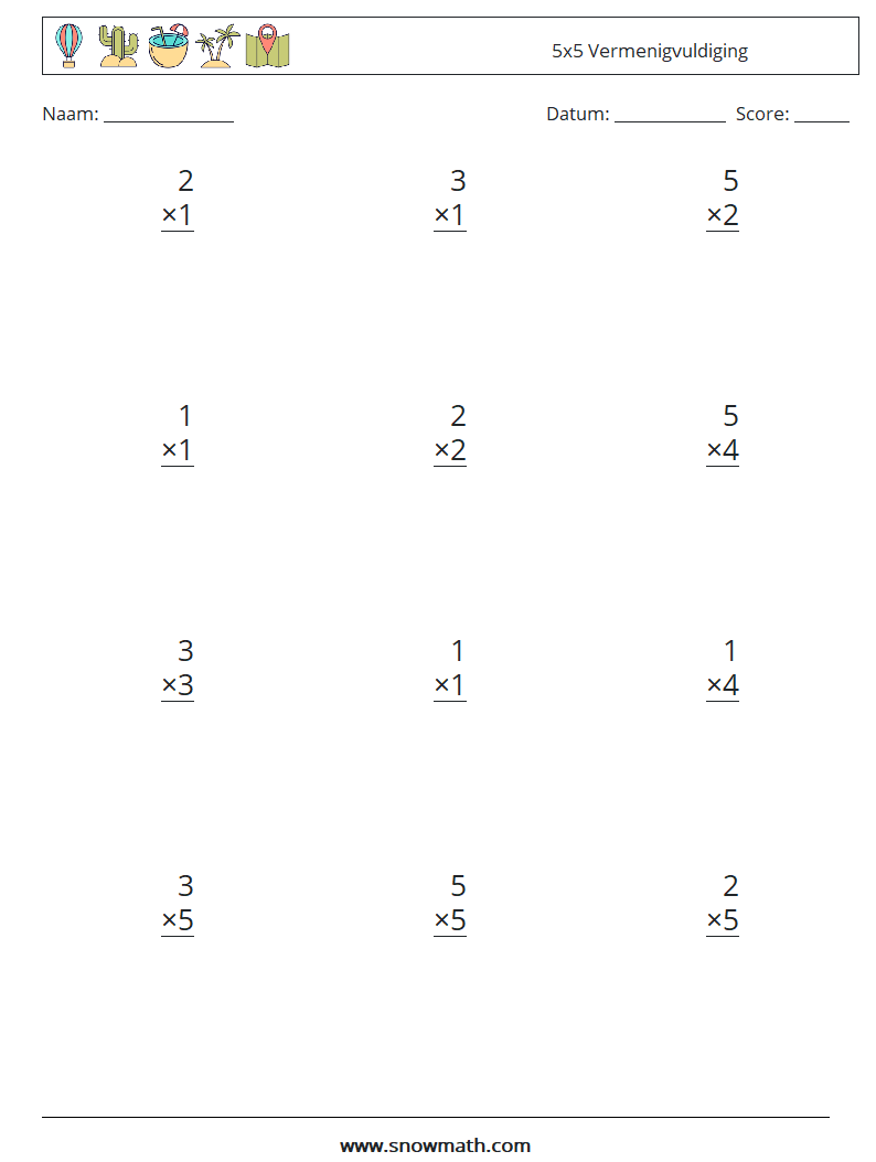 (12) 5x5 Vermenigvuldiging Wiskundige werkbladen 5