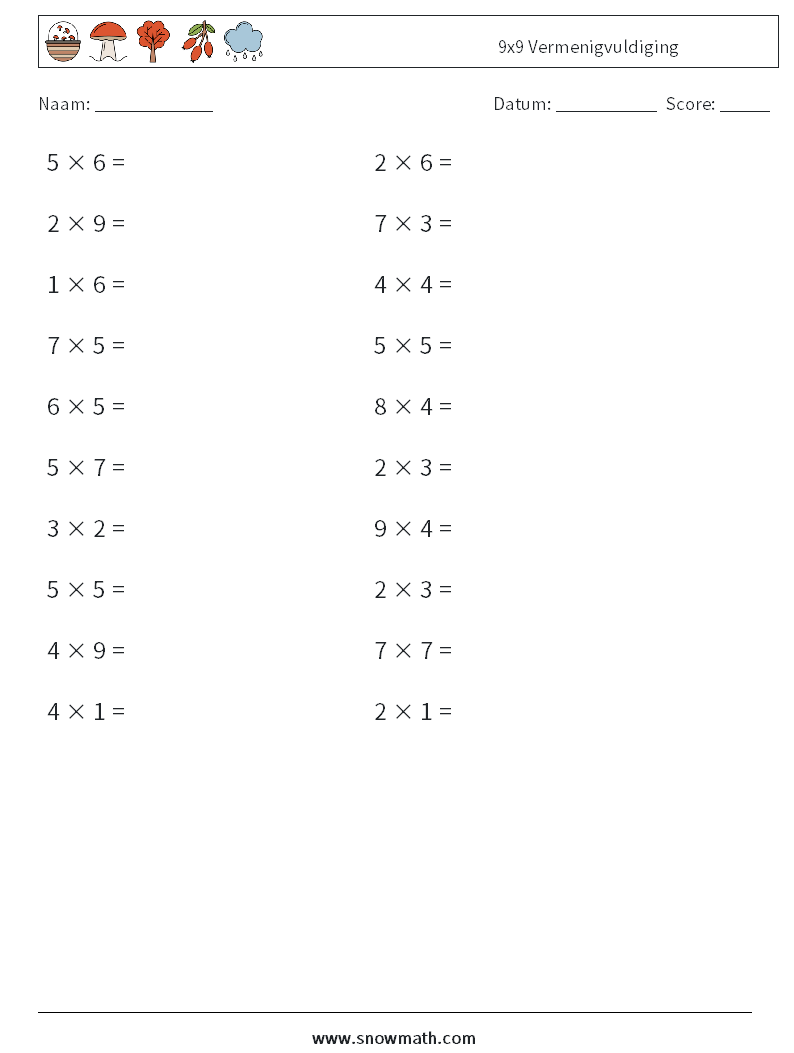 (20) 9x9 Vermenigvuldiging Wiskundige werkbladen 2
