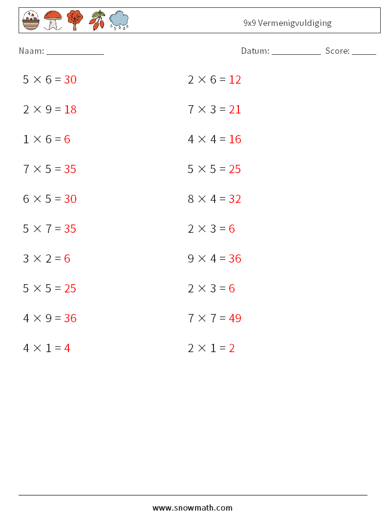 (20) 9x9 Vermenigvuldiging Wiskundige werkbladen 2 Vraag, Antwoord