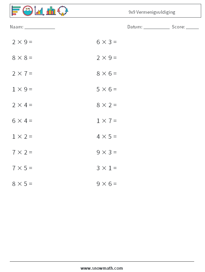 (20) 9x9 Vermenigvuldiging Wiskundige werkbladen 3