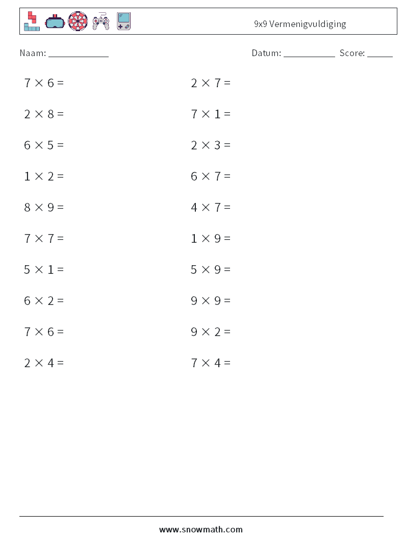 (20) 9x9 Vermenigvuldiging Wiskundige werkbladen 4