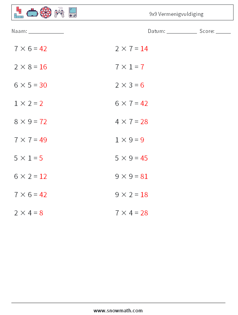 (20) 9x9 Vermenigvuldiging Wiskundige werkbladen 4 Vraag, Antwoord
