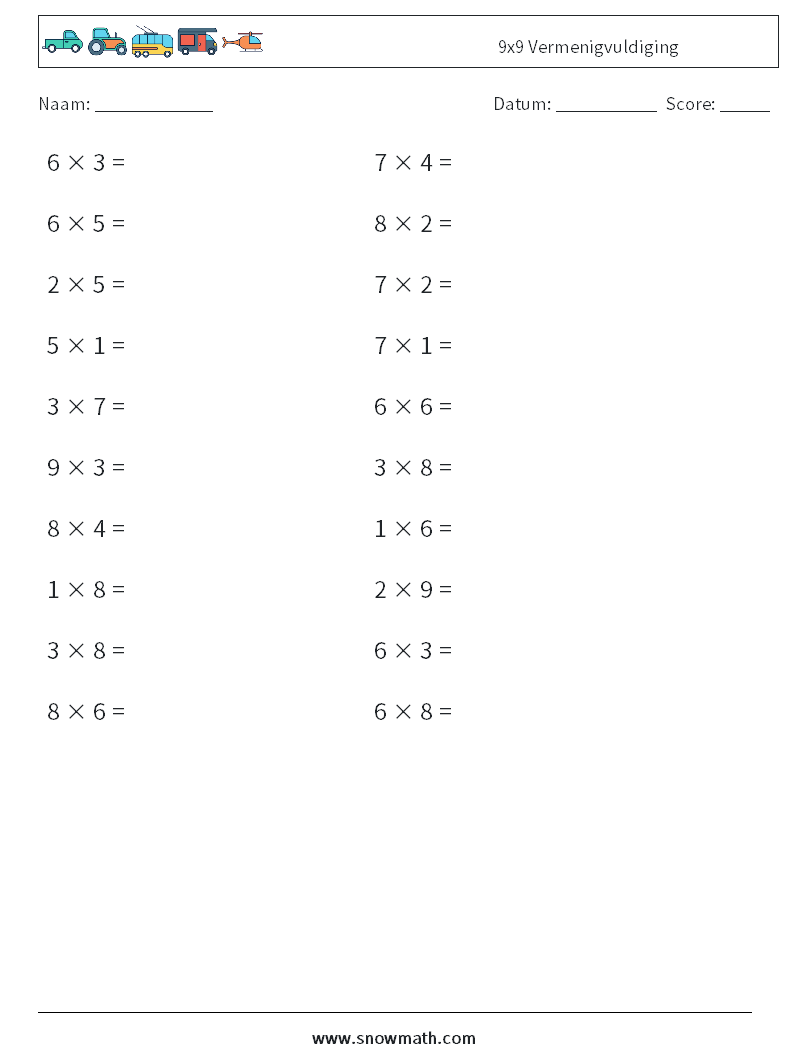 (20) 9x9 Vermenigvuldiging Wiskundige werkbladen 5