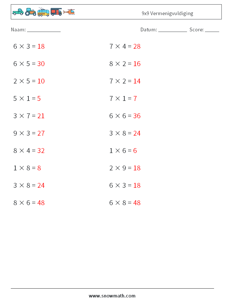 (20) 9x9 Vermenigvuldiging Wiskundige werkbladen 5 Vraag, Antwoord