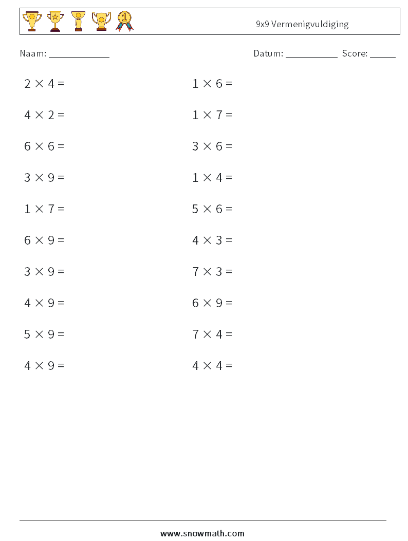 (20) 9x9 Vermenigvuldiging Wiskundige werkbladen 6