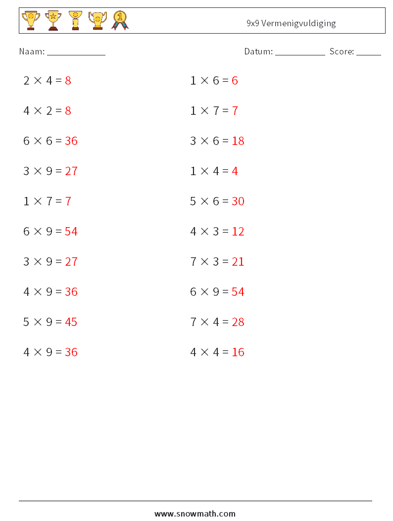 (20) 9x9 Vermenigvuldiging Wiskundige werkbladen 6 Vraag, Antwoord