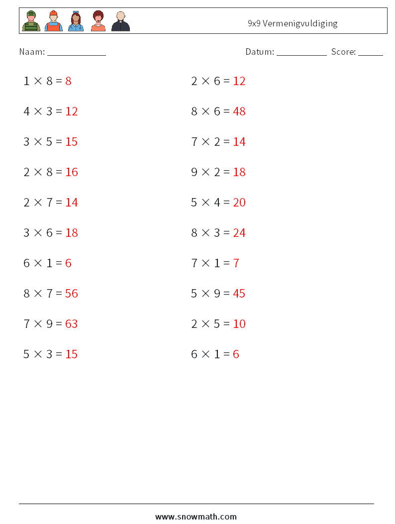 (20) 9x9 Vermenigvuldiging Wiskundige werkbladen 7 Vraag, Antwoord