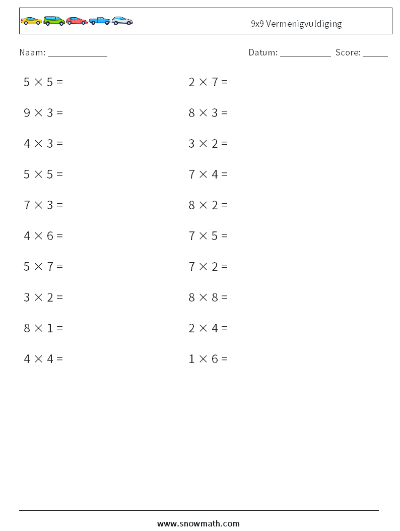 (20) 9x9 Vermenigvuldiging Wiskundige werkbladen 8