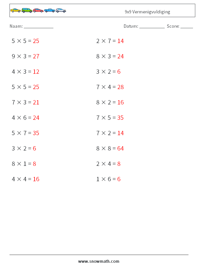 (20) 9x9 Vermenigvuldiging Wiskundige werkbladen 8 Vraag, Antwoord