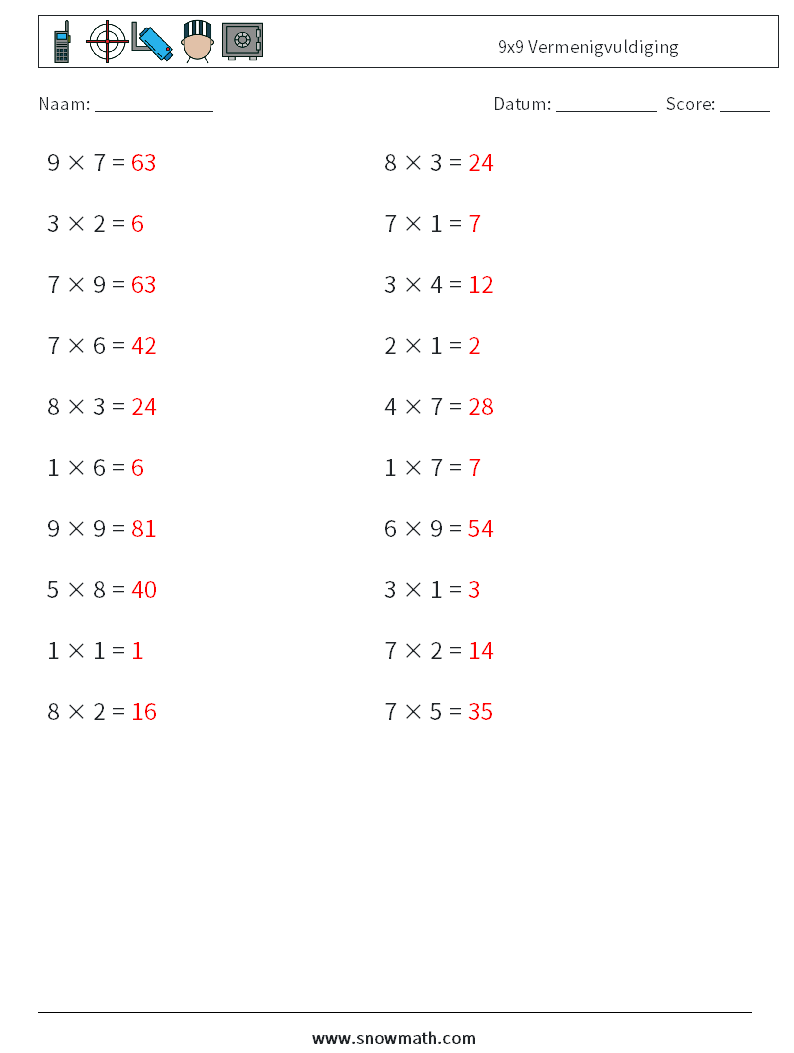 (20) 9x9 Vermenigvuldiging Wiskundige werkbladen 9 Vraag, Antwoord